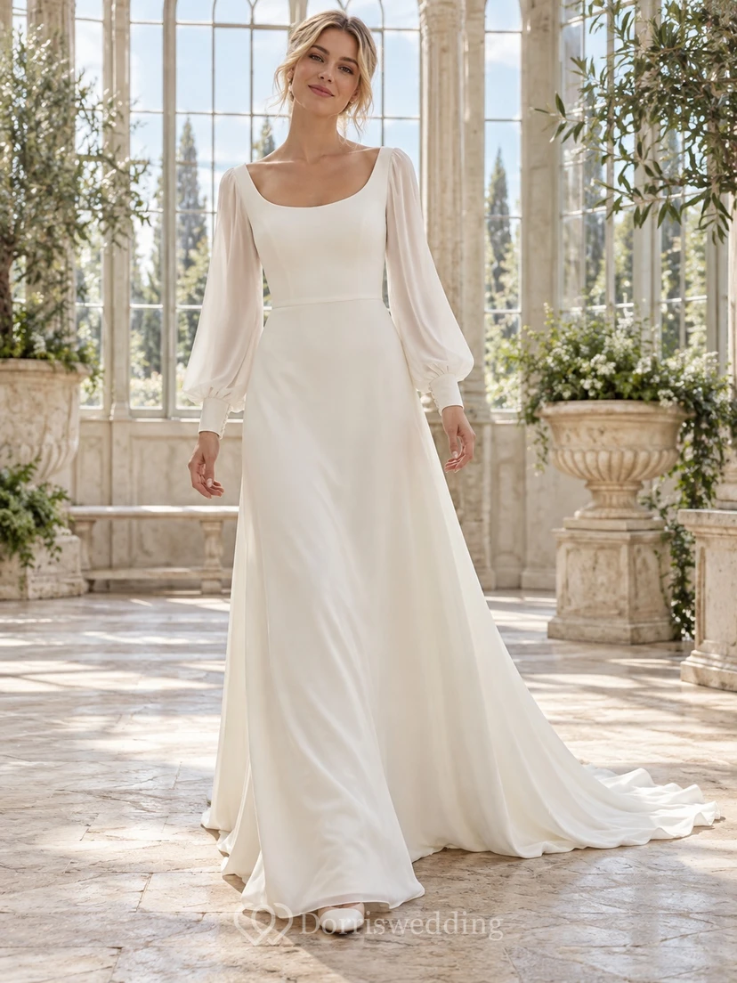 Simple Scoop Neck Long Poet Sleeve Chiffon A-Line Wedding Dress