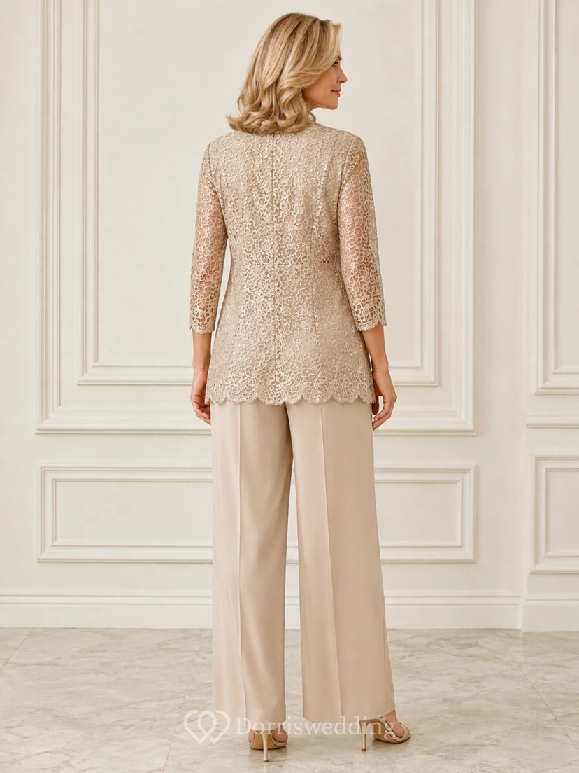 Conjunto de pantalón y chaqueta Champagne Mother con chaqueta larga de encaje, corpiño escotado y pantalón de pierna ancha. view 2