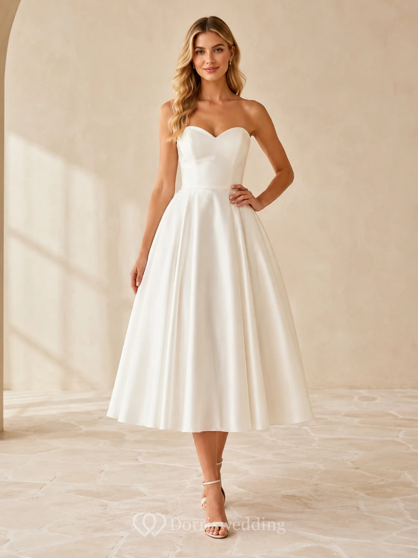 Elfenbeinfarbenes, trägerloses Cocktailkleid aus Satin in A-Linie und Teelänge mit Herzausschnitt, schlichter Stil für den Empfang