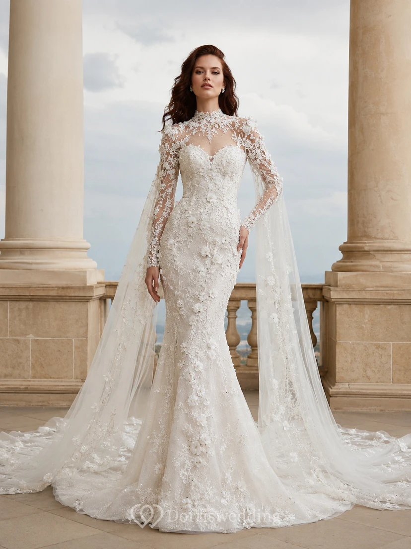 Robe de mariée sirène en dentelle à col montant et manches illusion longues, cape cathédrale