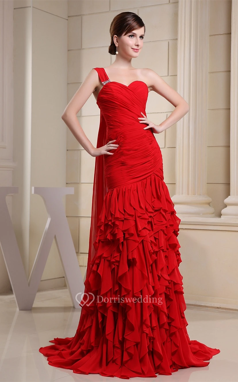 Sweetheart Chiffon Floor-Length Ruched Cascading Ruffles and Dress With Single Strap view 2