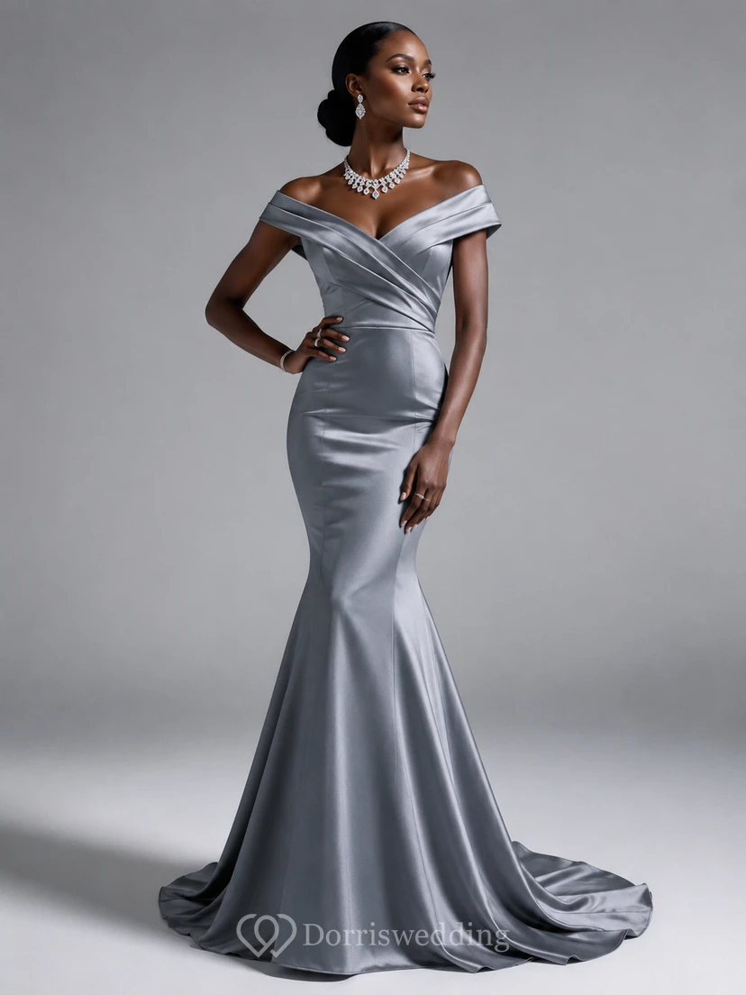 Mermaid Trumpet Satin Off-the-shoulder Short Sleeve Zipper Dress view 5