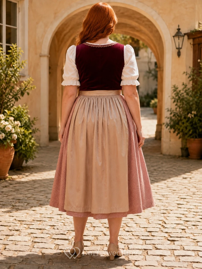 Vintage-Dirndlkleid aus Baumwolle in Übergröße, burgunderrot, mit eckigem Ausschnitt, kurzen Ärmeln und Teelänge, in Übergröße view 2