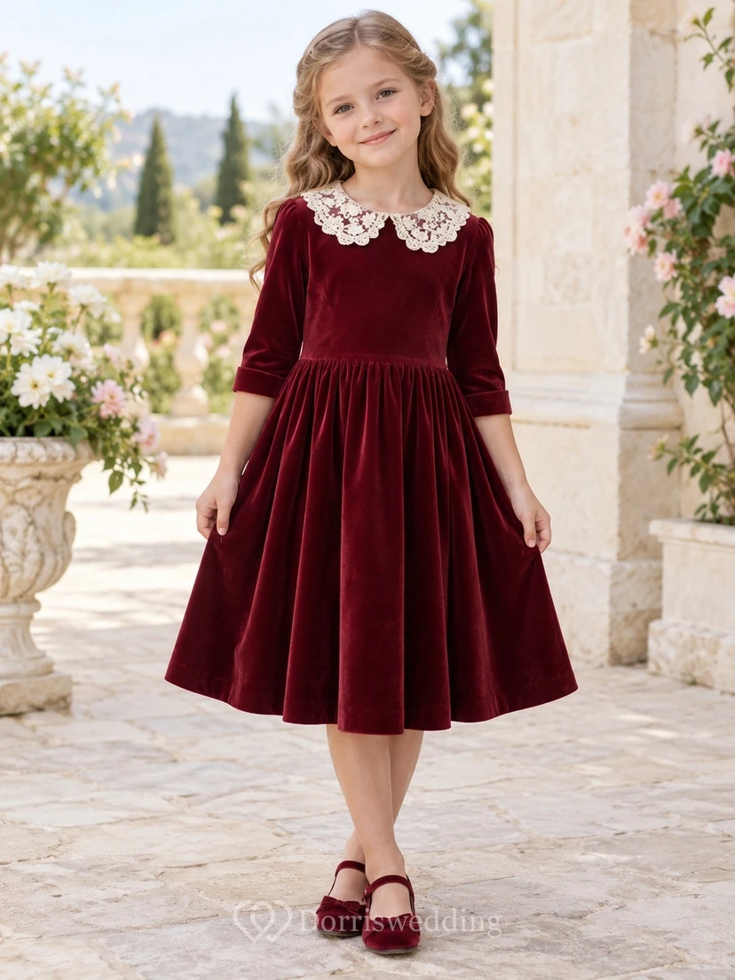 Vintage Tea-length Burgundy Three-quarter Sleeve Lace Collar Velvet Flower Girl Dress