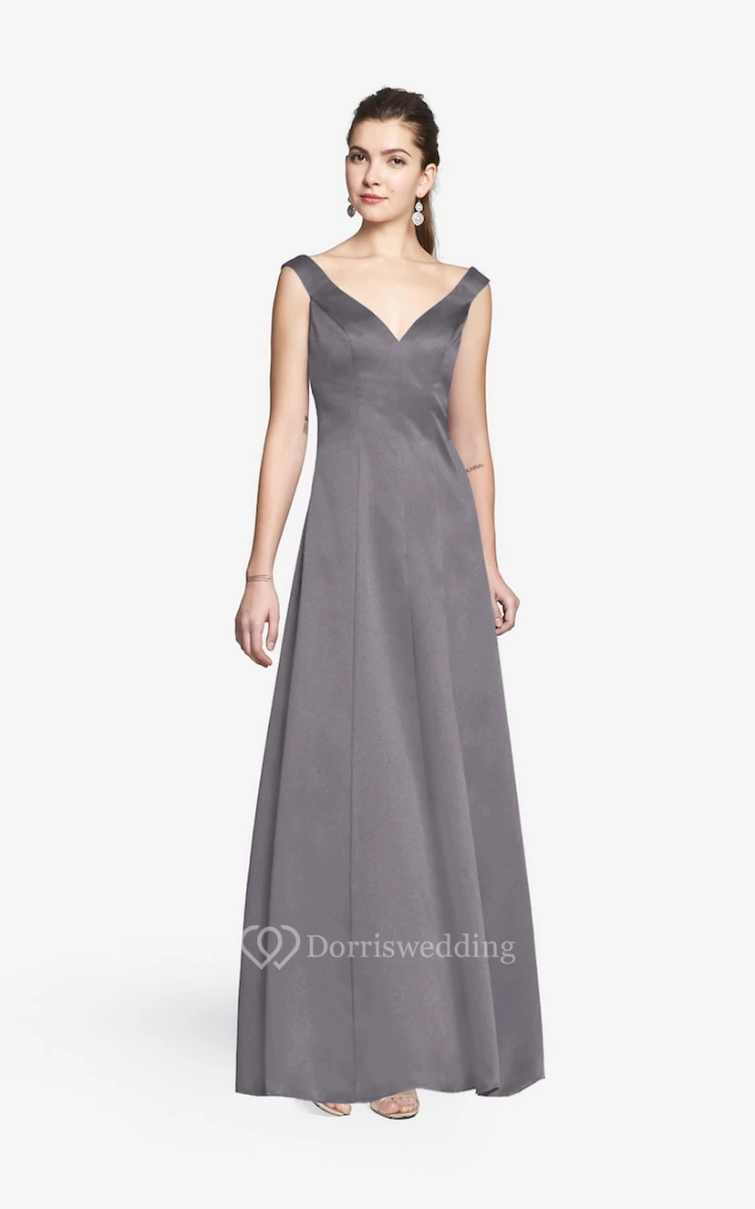 Simple V-neckline Floor-length Satin Dress With Cap Sleeves view 20