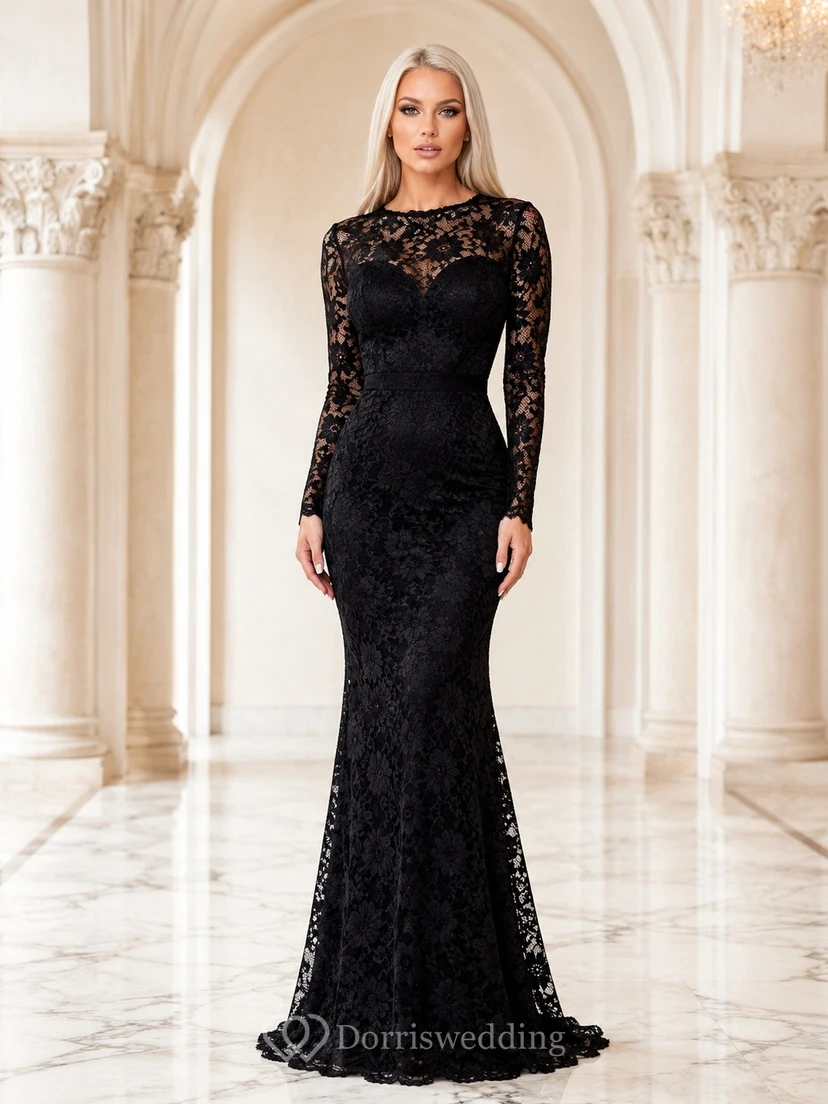 Schwarzes, hochgeschlossenes Meerjungfrauen-Abendkleid aus Spitze mit langen Ärmeln