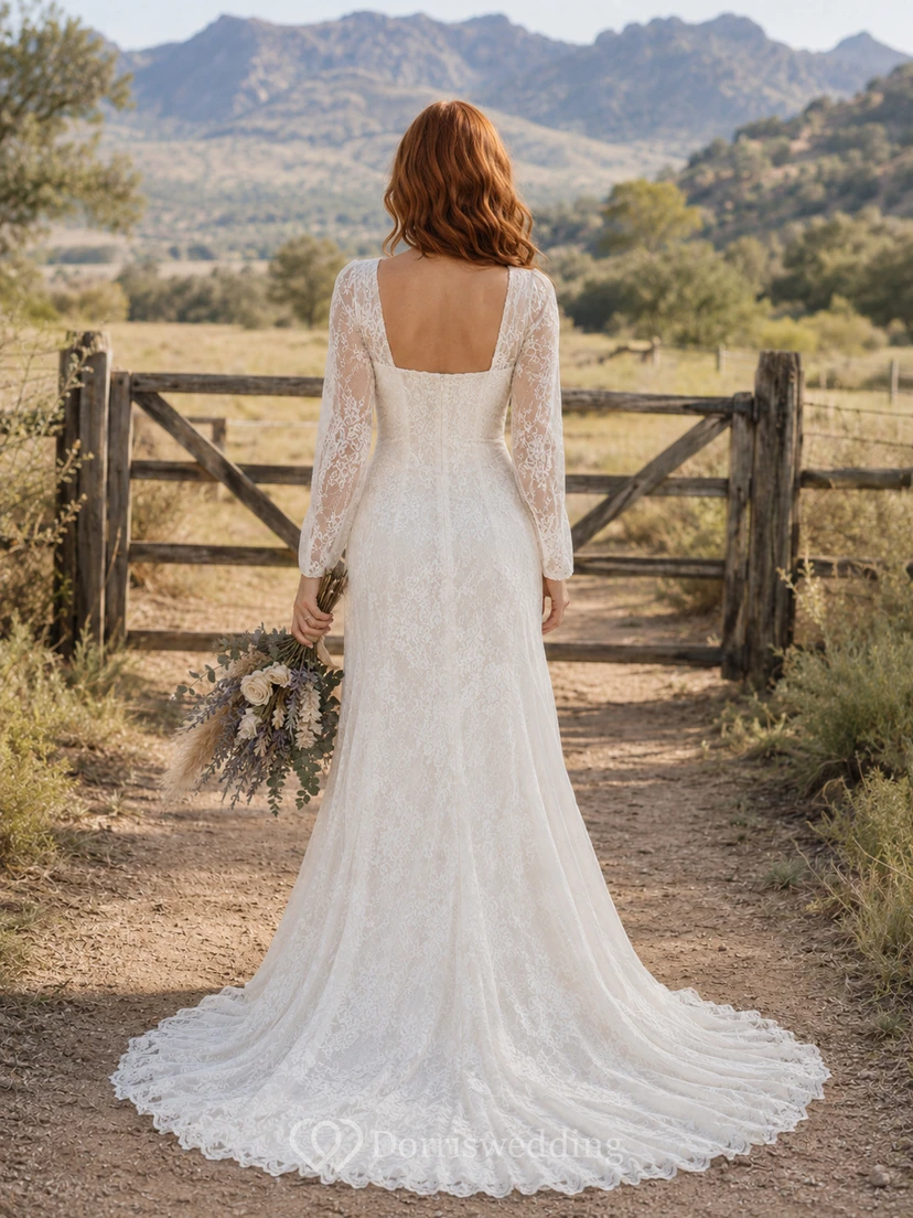 Vestido de novia premamá con escote corazón y mangas largas de encaje, vestido de novia estilo jardín. view 2