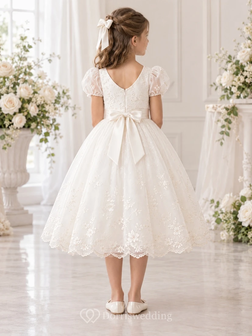 Tea-length Ivory A-line Lace Tulle Puff-sleeve Scalloped V-back Flower Girl Dress view 2