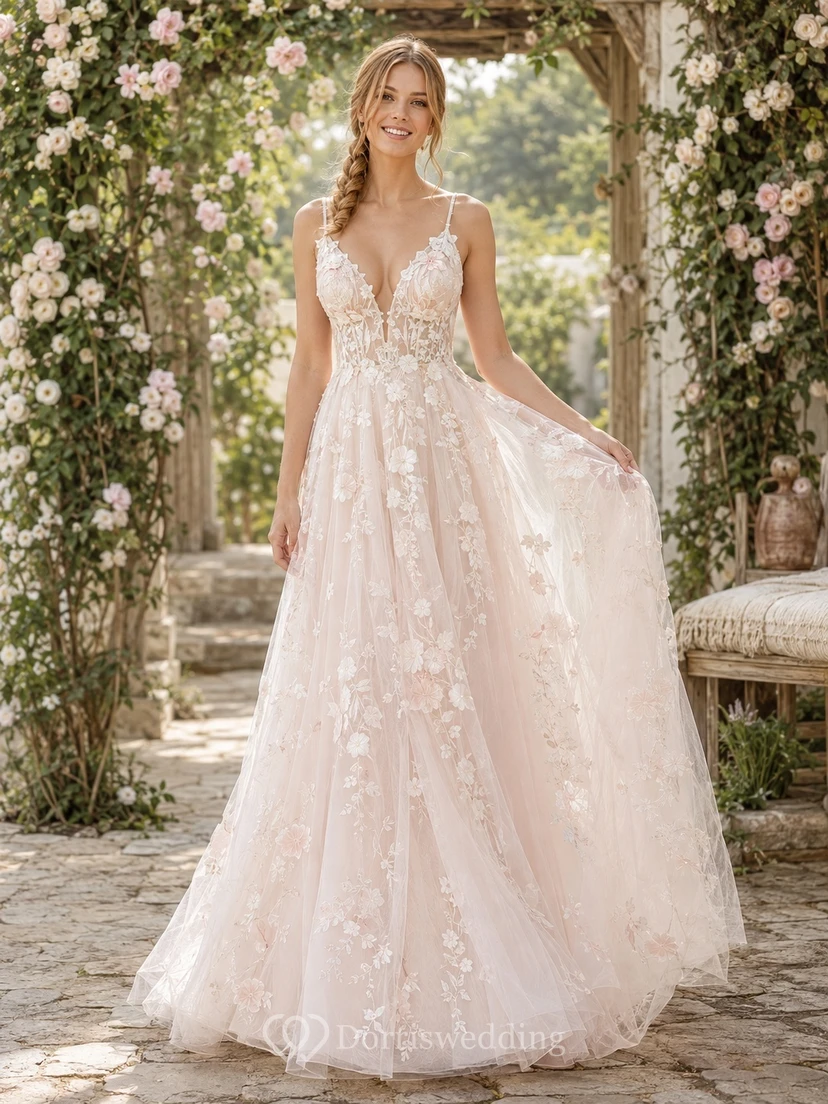 Boho Spaghetti Floral Applique Tulle A-Line Floor-Length Vow Renewal Dress
