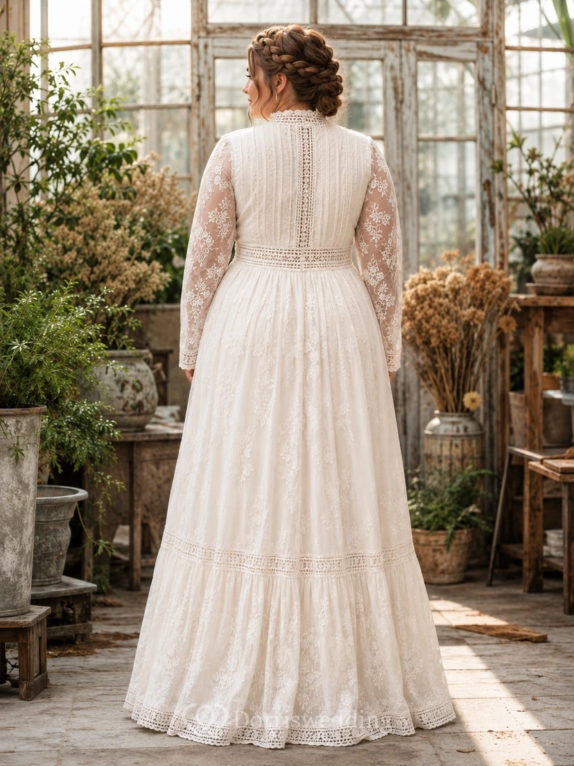 Plus Size Boho High Neck Long Lace Sleeve A-Line Floor-Length Wedding Dress view 2