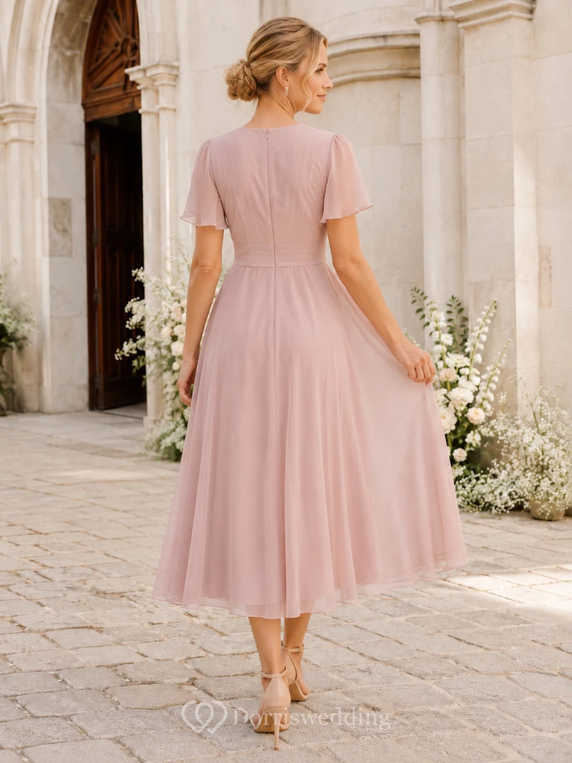 Vestido de madre de gasa plisada de corte A, largo hasta la rodilla, con escote en V y mangas cortas con volantes, color rosa empolvado. view 2