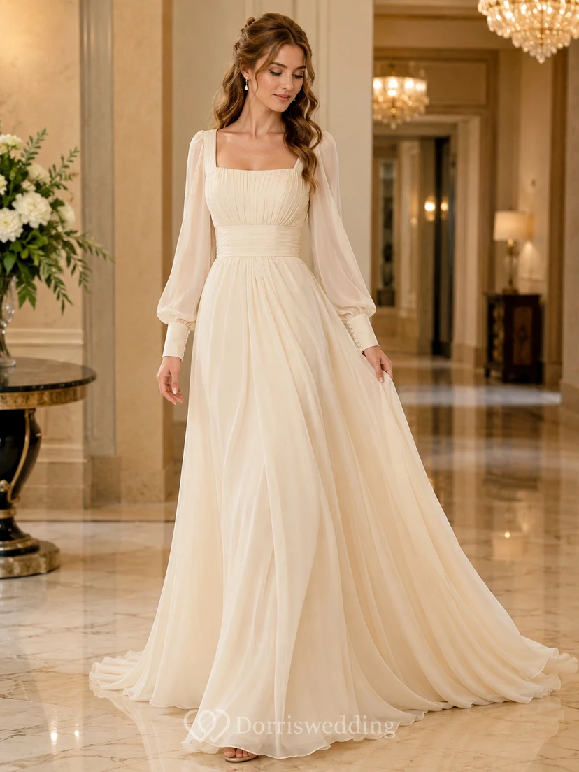 Robe de mariée en tulle à col carré et manches bouffantes, longueur au sol, col carré.