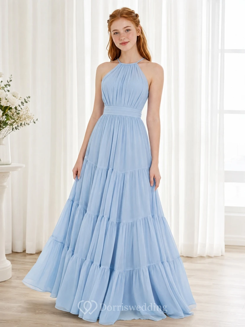 Himmelblaues Brautjungfernkleid für junge Mädchen, A-Linie, Neckholder, ärmellos, Stufenrock, bezaubernd