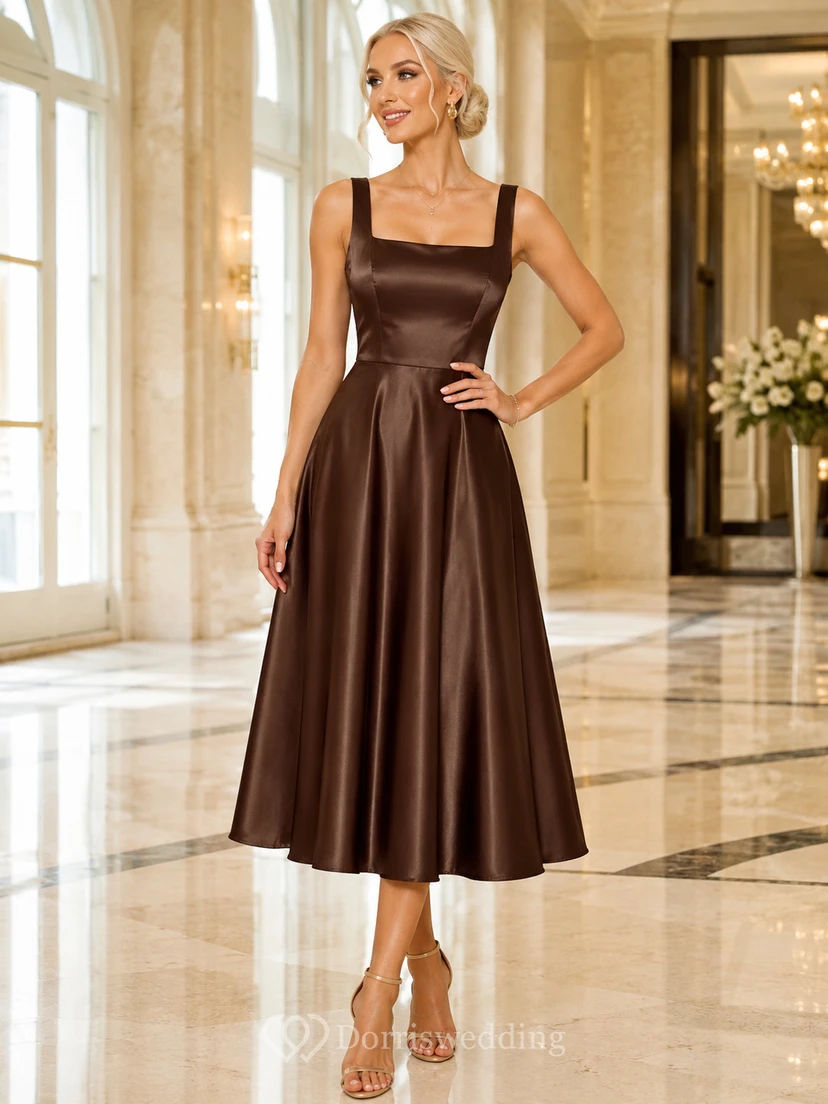 Chocolate Square Neck Satin A Line Tea Length Guest Dress