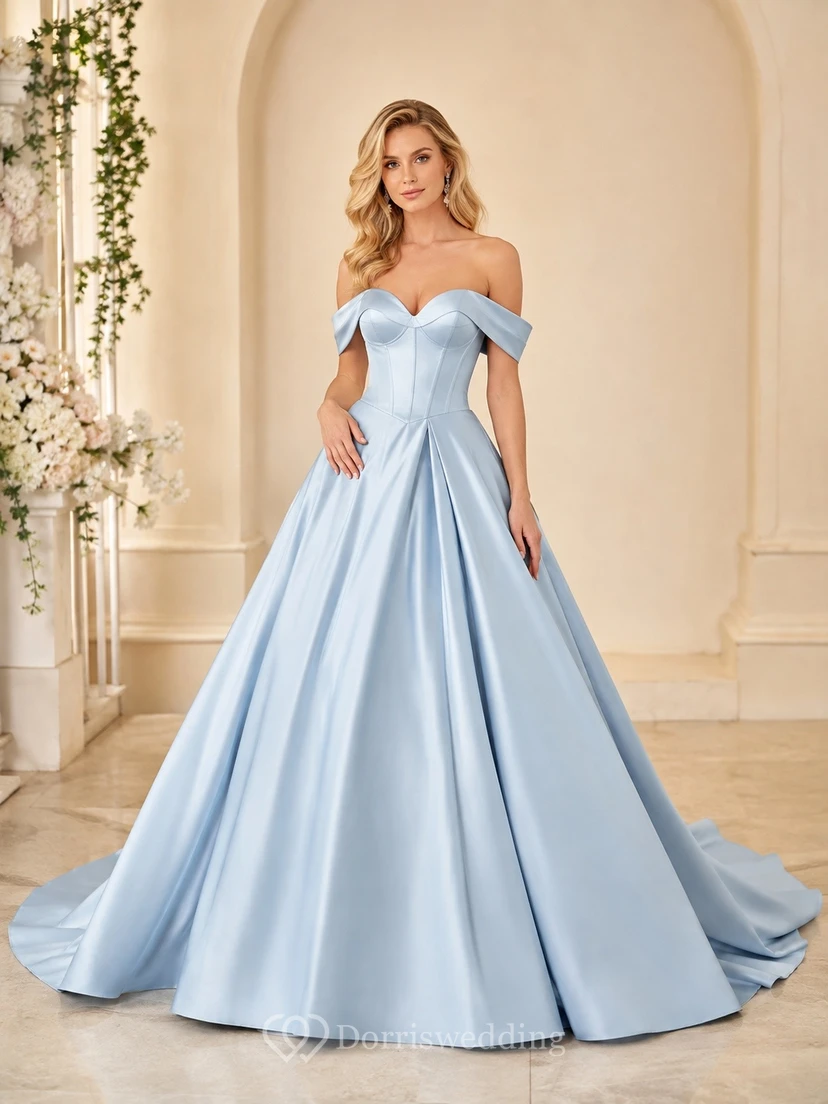 Vestido de novia formal, sencillo, romántico y elegante con hombros descubiertos, edición A, línea A.