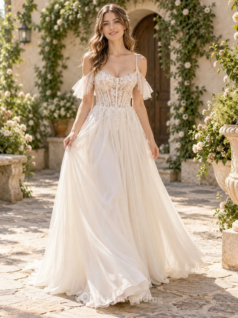 Robe de mariée bohème à bretelles spaghetti, corset fleuri, en mousseline, coupe trapèze