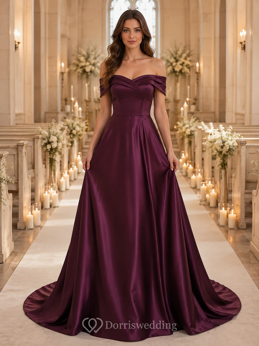 Vestido de novia de corte capilla en A de satén color ciruela con hombros descubiertos