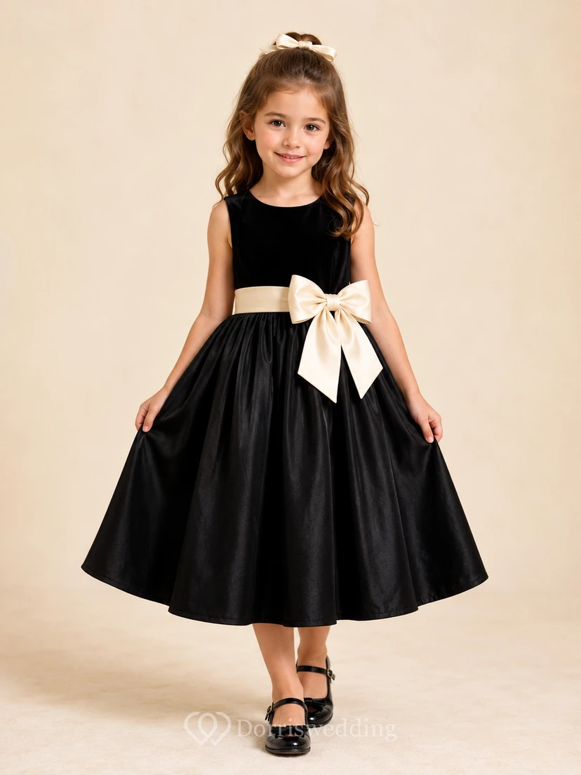 Black Vintage A-Line Velvet Flower Girl Dress Sleeveless Jewel Neck Tea-Length Oversized Bow
