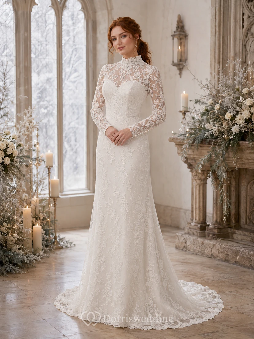 Vestido de novia de invierno modesto, de cuello alto y corte recto con encaje.