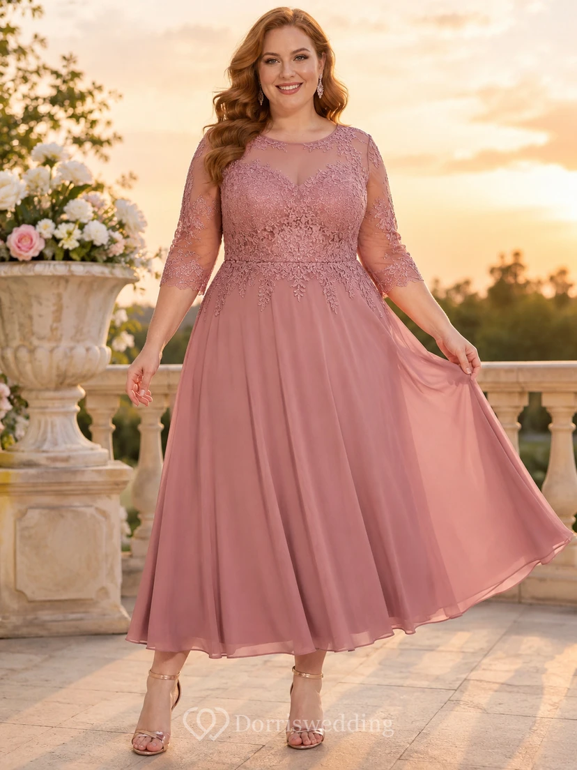 Vestido romántico de talla grande para madres, de manga larga, corte A, largo hasta la rodilla, con escote barco y encaje de gasa, color rosa empolvado.
