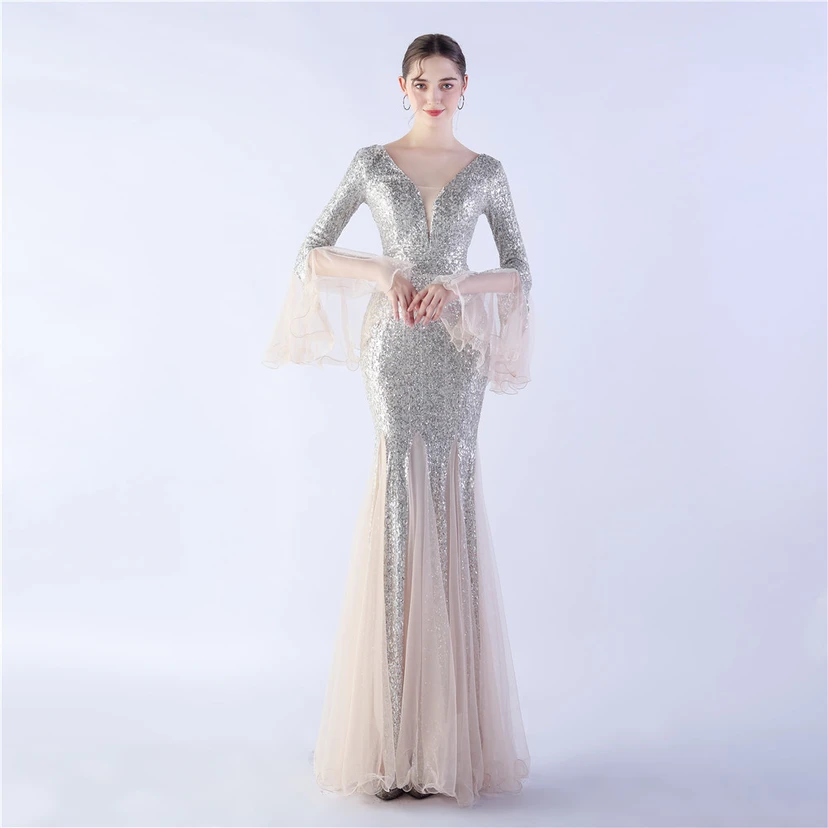 Vestido de noche con lentejuelas, bordado de malla encriptada, estilo artesanal de seda de pez y borde ondulado. video preview