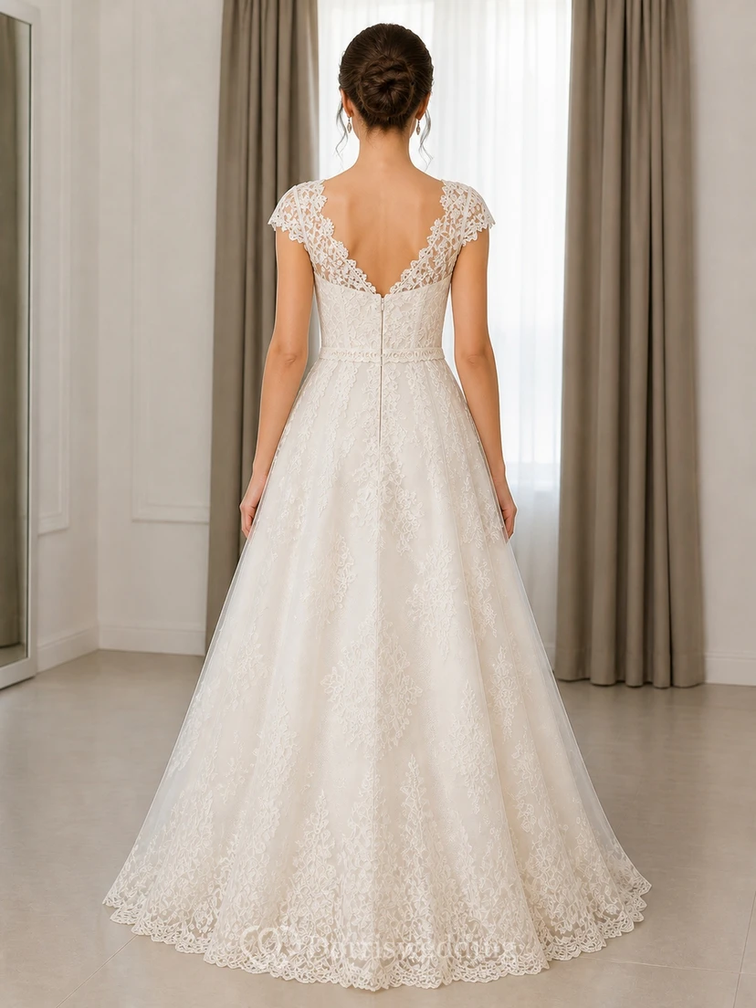 Vestido de novia vintage de talla grande con escote corazón, encaje y mangas cortas, estilo princesa. view 2
