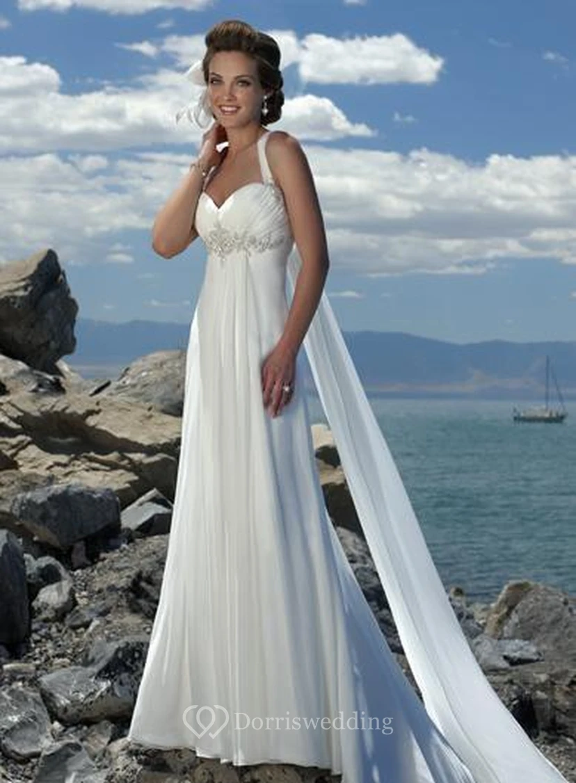 Robe de mariée simple en mousseline, taille empire, bretelles spaghetti, traîne, robe de plage, style plage
