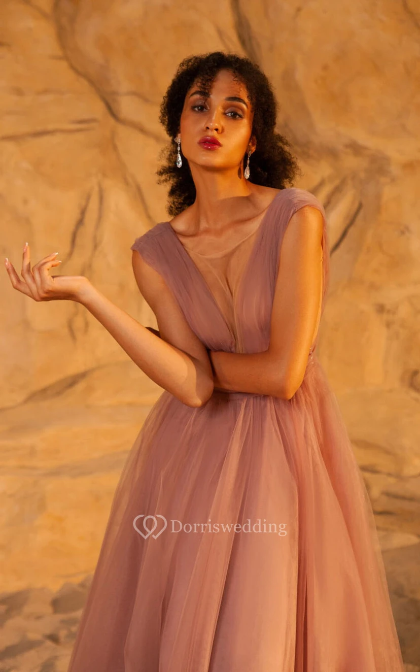 Chiffon-Abendkleid in Empire-Linie mit tiefem Ausschnitt, Falten, Schleife und tiefem V-Ausschnitt am Rücken view 3