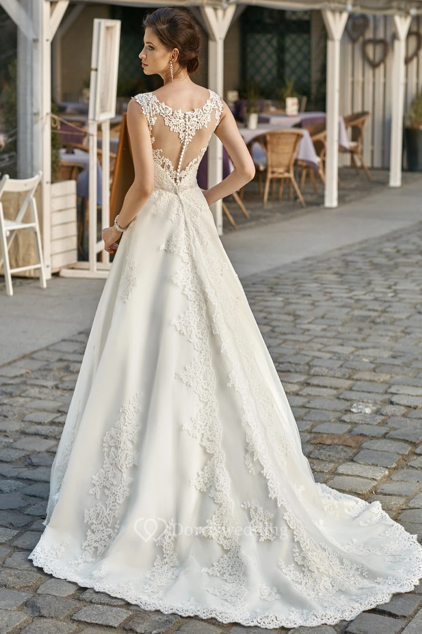 A-Line Sleeveless Floor-Length Scoop-Neck Appliqued Lace&Satin Wedding Dress With Waist Jewellery view 2