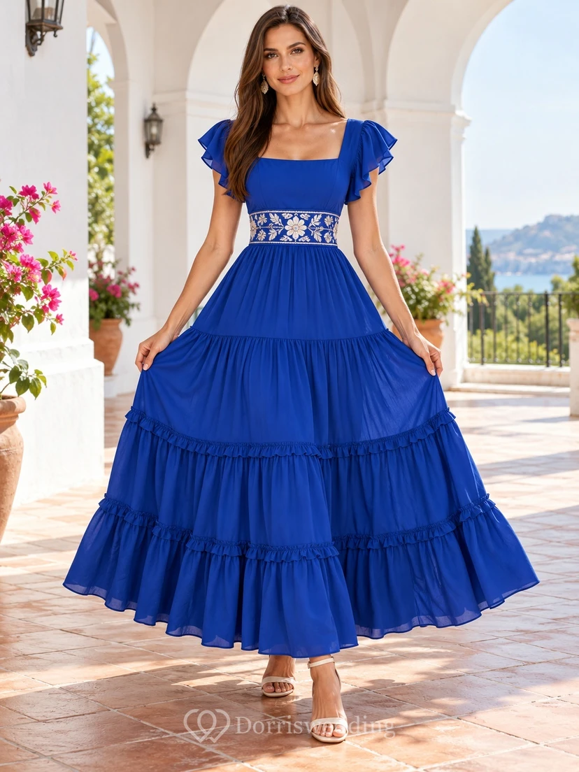 Square Neck Cumbia Royal Blue Flutter Floral Sash Tiered Dress