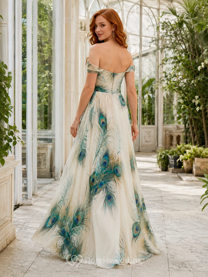 Peacock Feather Print Off Shoulder Chiffon A-Line Maxi Dress view 2