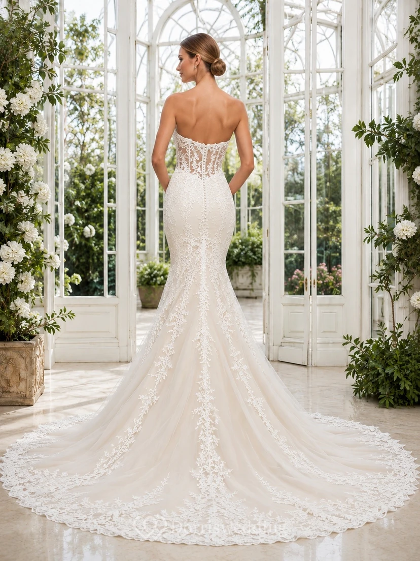 Luxury Strapless Sleeveless Chapel Train Lace Mermaid Bridal Dress view 2