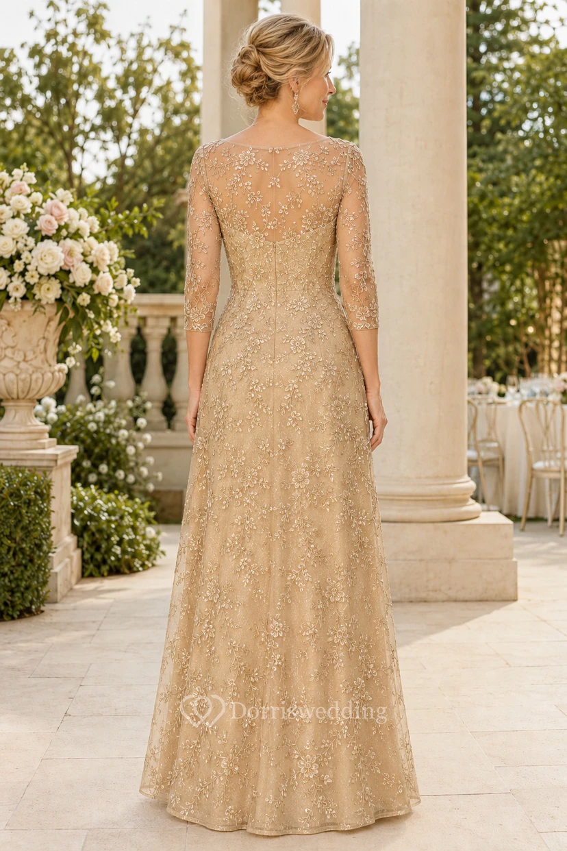 Robe MOB en dentelle champagne fourreau, manches longues, col bateau, longueur au sol view 2
