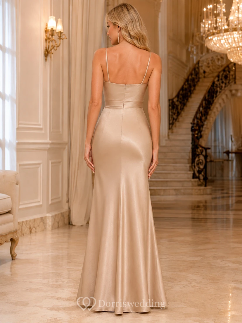 Champagne cowl neck satin sheath bridesmaid gown with slit view 2