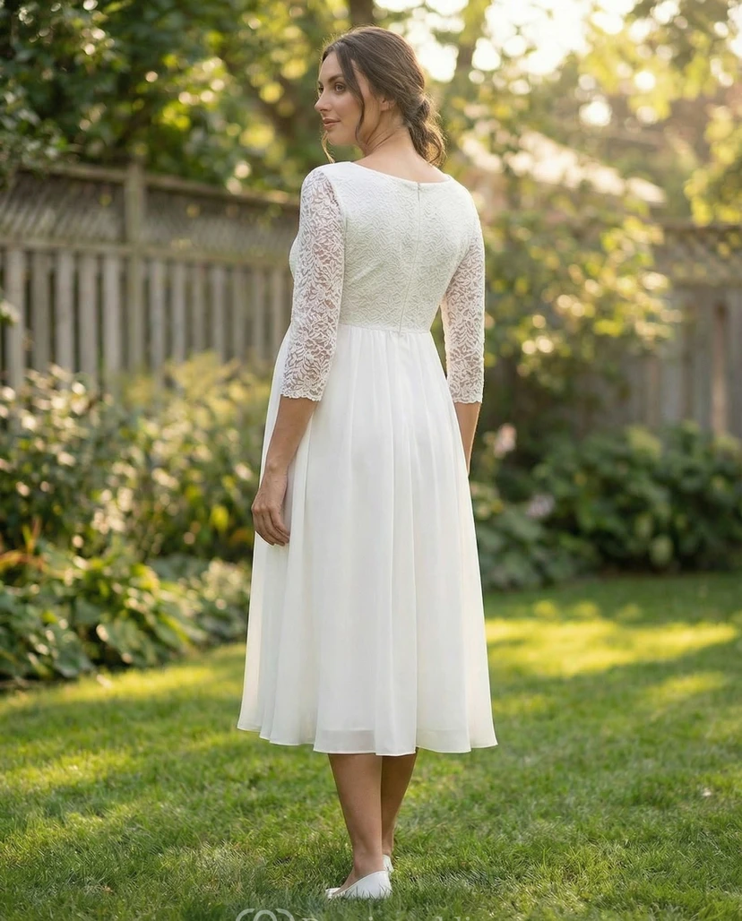 Weißes Umstandsbrautkleid mit eckigem Ausschnitt, Spitze und 3/4-Ärmeln view 2
