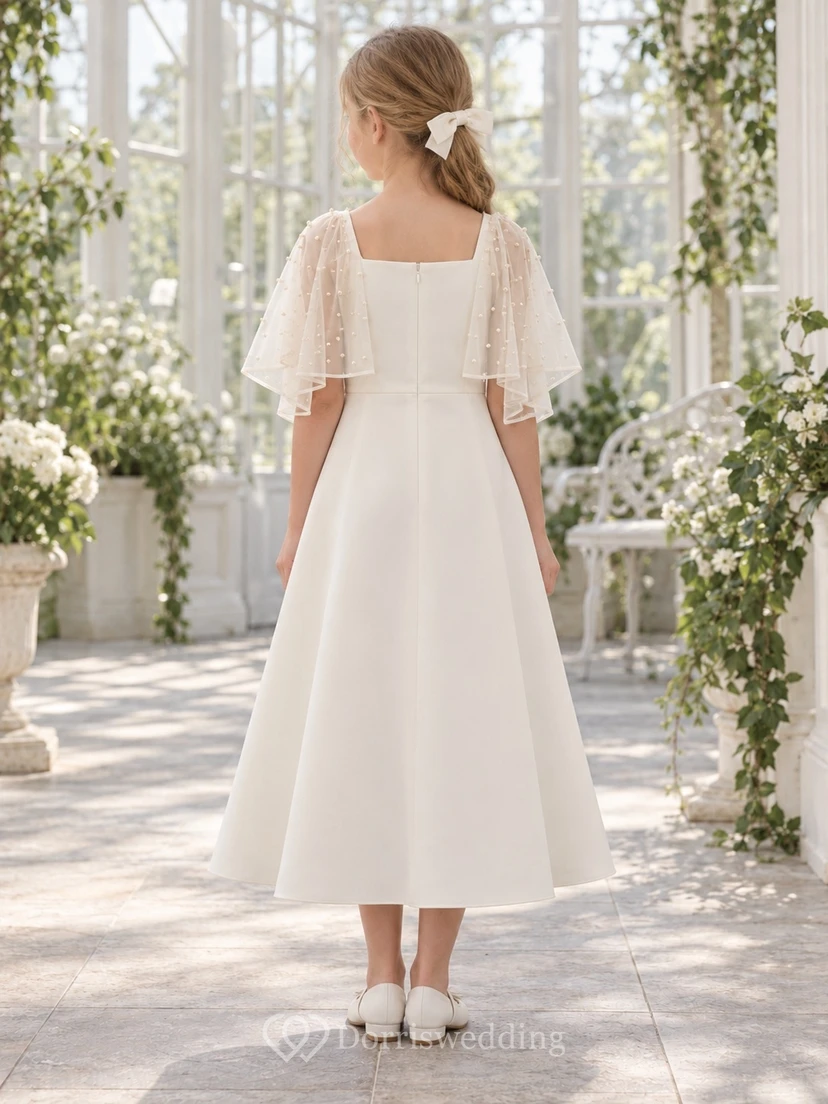 Square Neck Modest Ivory Pearl Mesh Cape Crepe Flower Girl Dress view 2