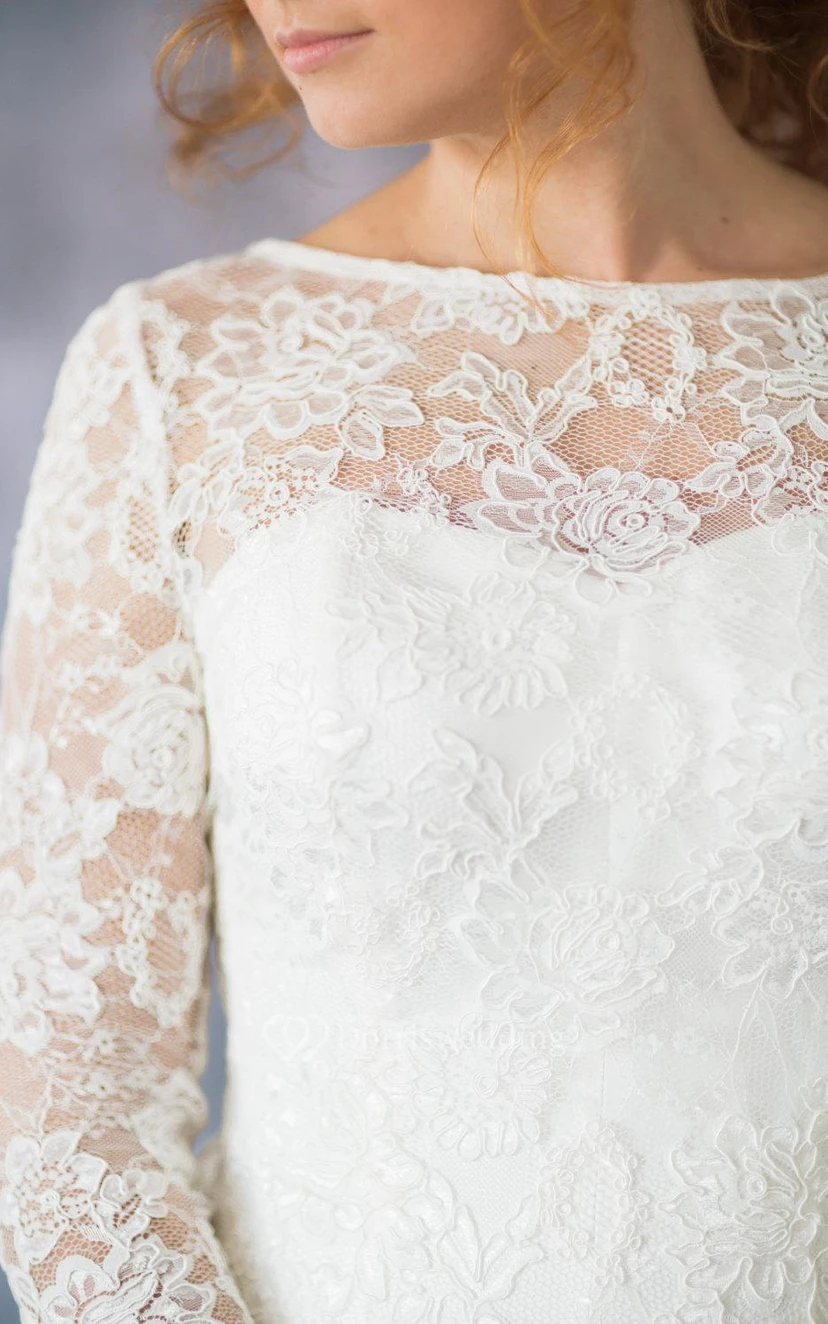 Long Sleeve Lace and Organza A-Line Dress With Bateau Neckline view 4