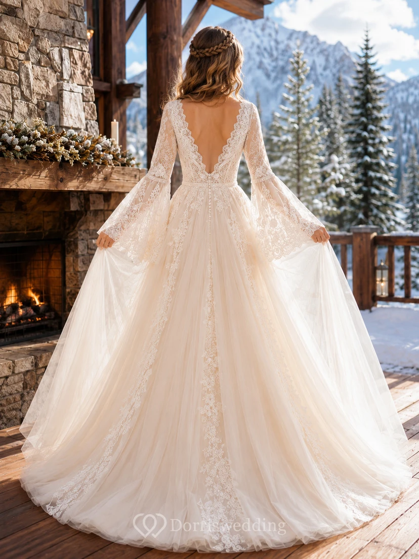 Winter Boho V-Neck Bell Sleeve Ball Gown Wedding Dress view 2