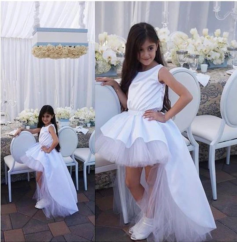 Lovely White Hi-Lo Tulle Flower Girl Dress Sweep Train Jewel view 3