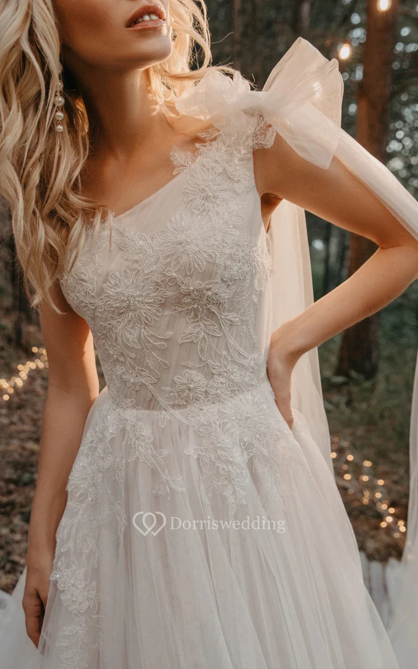 One-shoulder Empire A-line Lace Tulle Asymmetrical Country Wedding Dress view 3