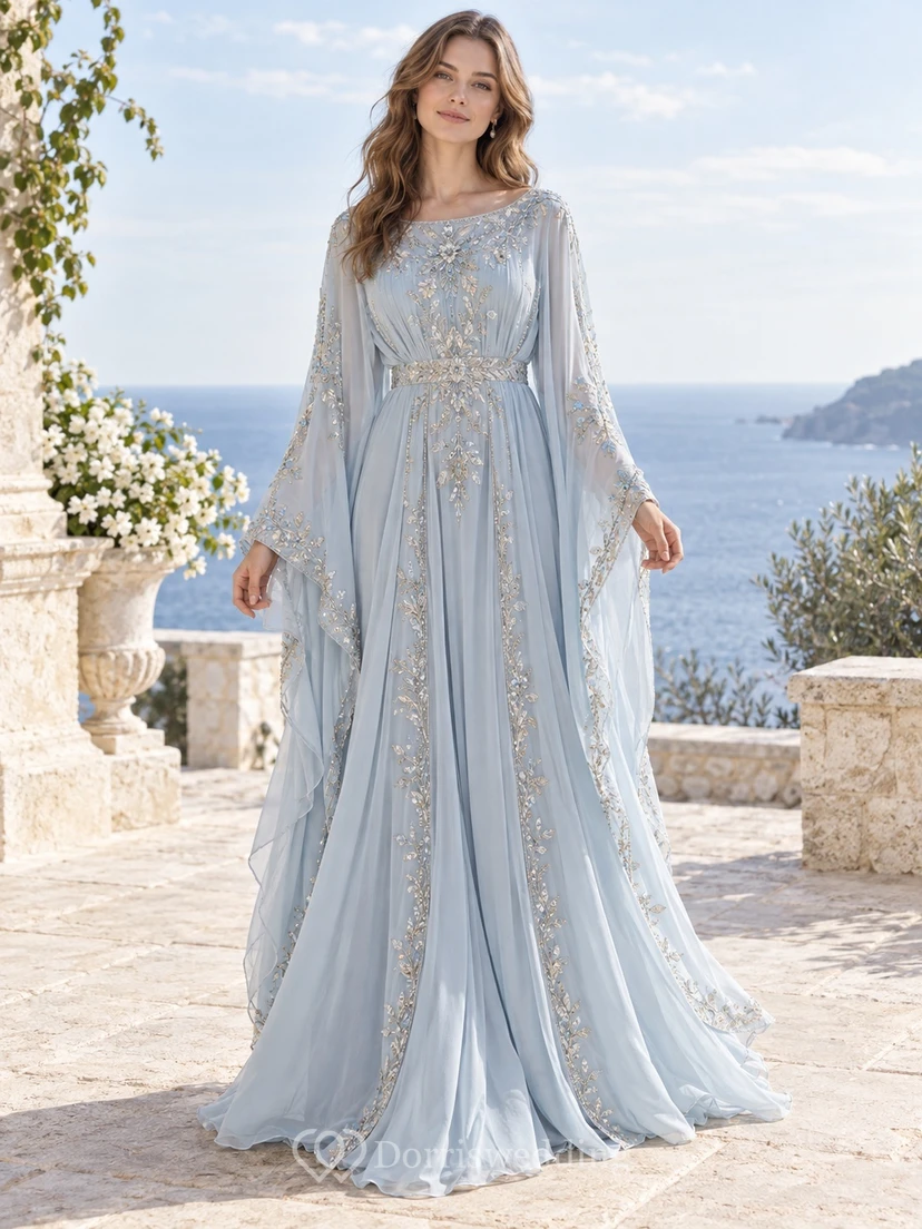 Robe de mariée style bohème, manches longues cloche, bleu ciel, bordure en dentelle, caftan