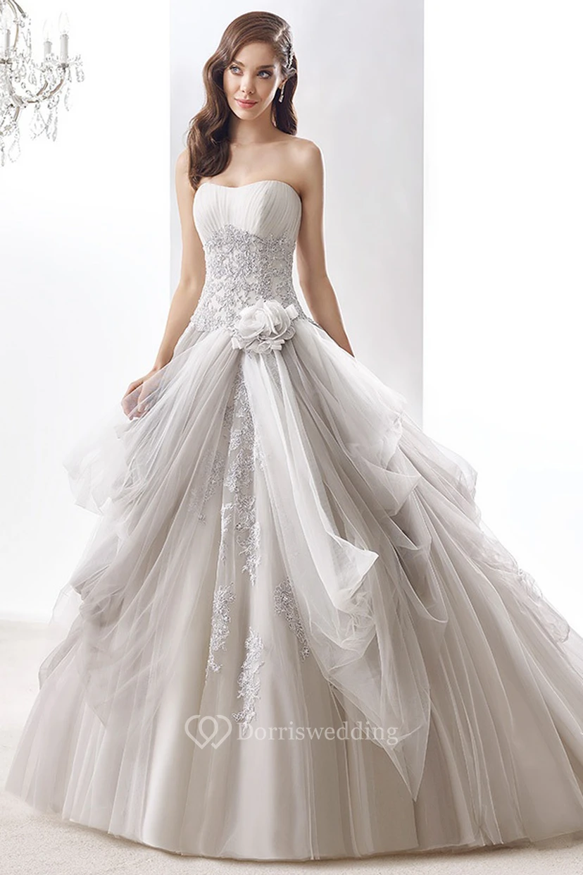 Strapless Beaded A-Line Ruching Bridal Gown With Floral Decoration And Pleated Bust