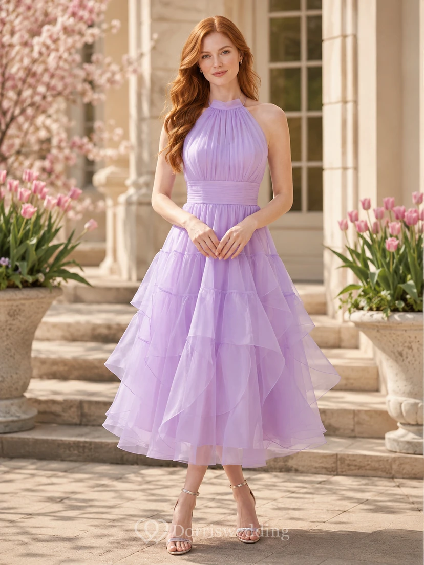 Robe midi printanière en tulle à volants et dos nu lavande
