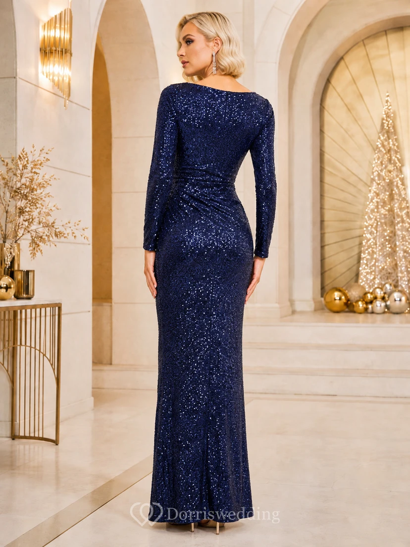 Dark Navy Bateau Long Sleeve Ruched Allover Sequin Sheath Floor Length Slit Evening Dress view 2