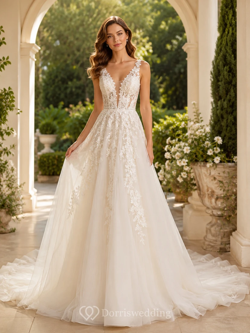 Robe de mariée trapèze à bretelles en dentelle florale et décolleté plongeant en V, avec traîne chapelle à plusieurs épaisseurs