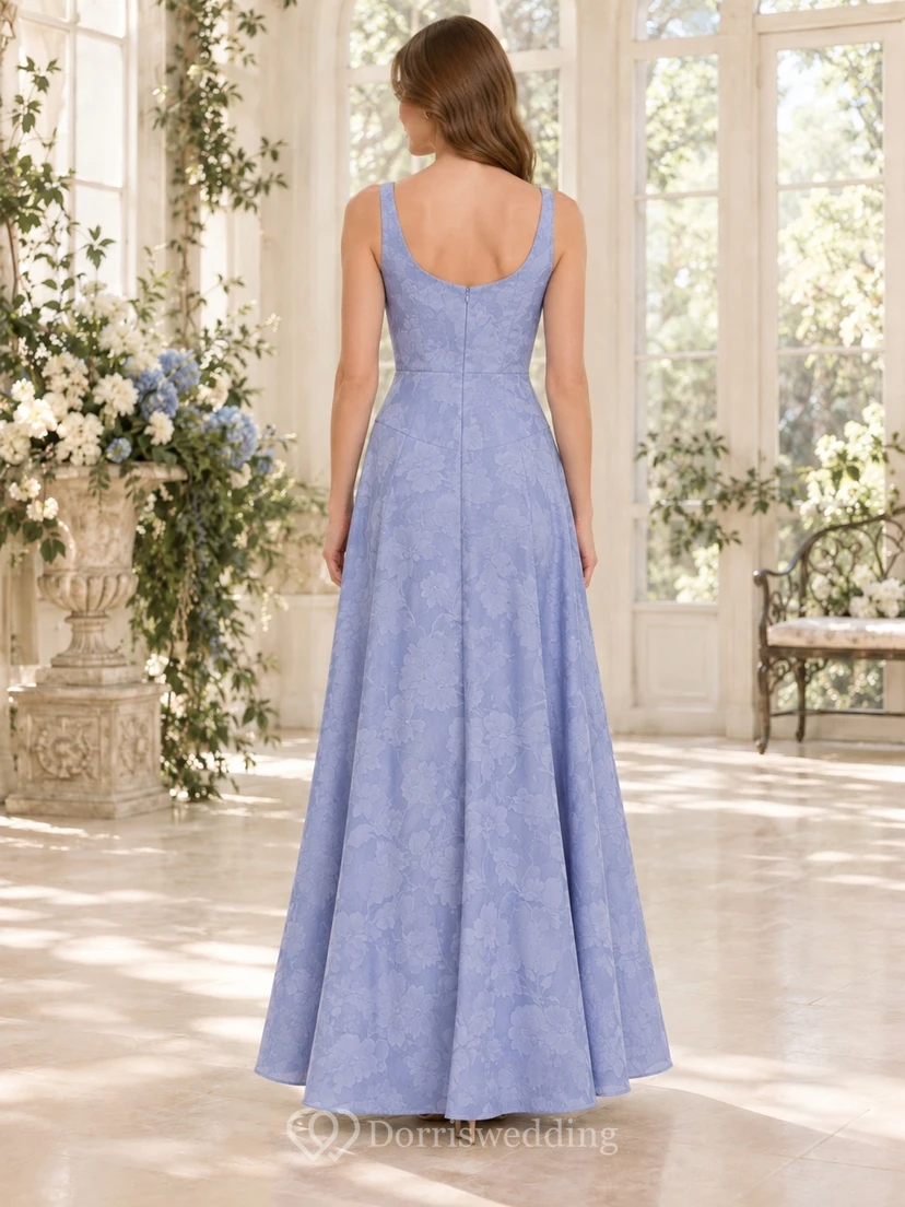 Romantisches Brautjungfernkleid in Periwinkle mit floralem Jacquardmuster, Rundhalsausschnitt, V-Taille, A-Linie und bodenlang view 2
