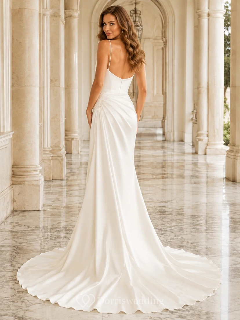 Schlichtes, bodenlanges, ärmelloses Brautkleid mit V-Ausschnitt im Meerjungfrauen-/Trompetenstil für formelle Anlässe view 2