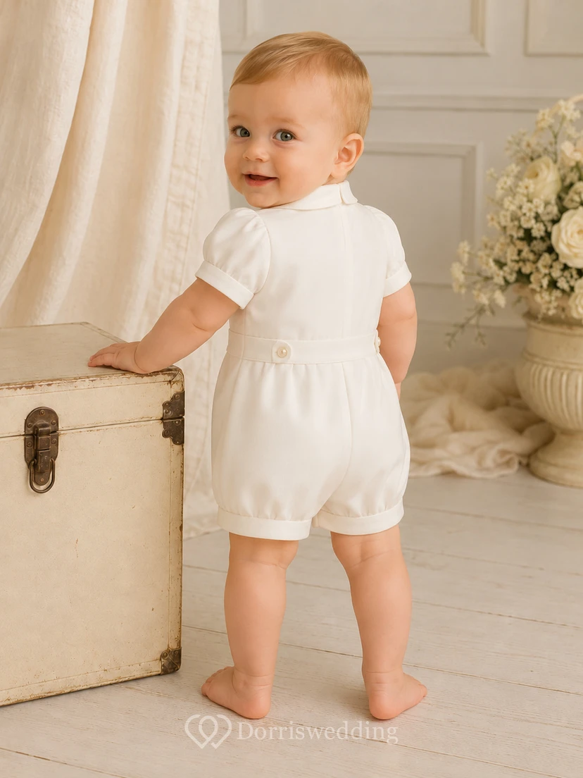 White Puff Sleeve Double Button Bib Christening Bubble Romper for Baby Boy view 2