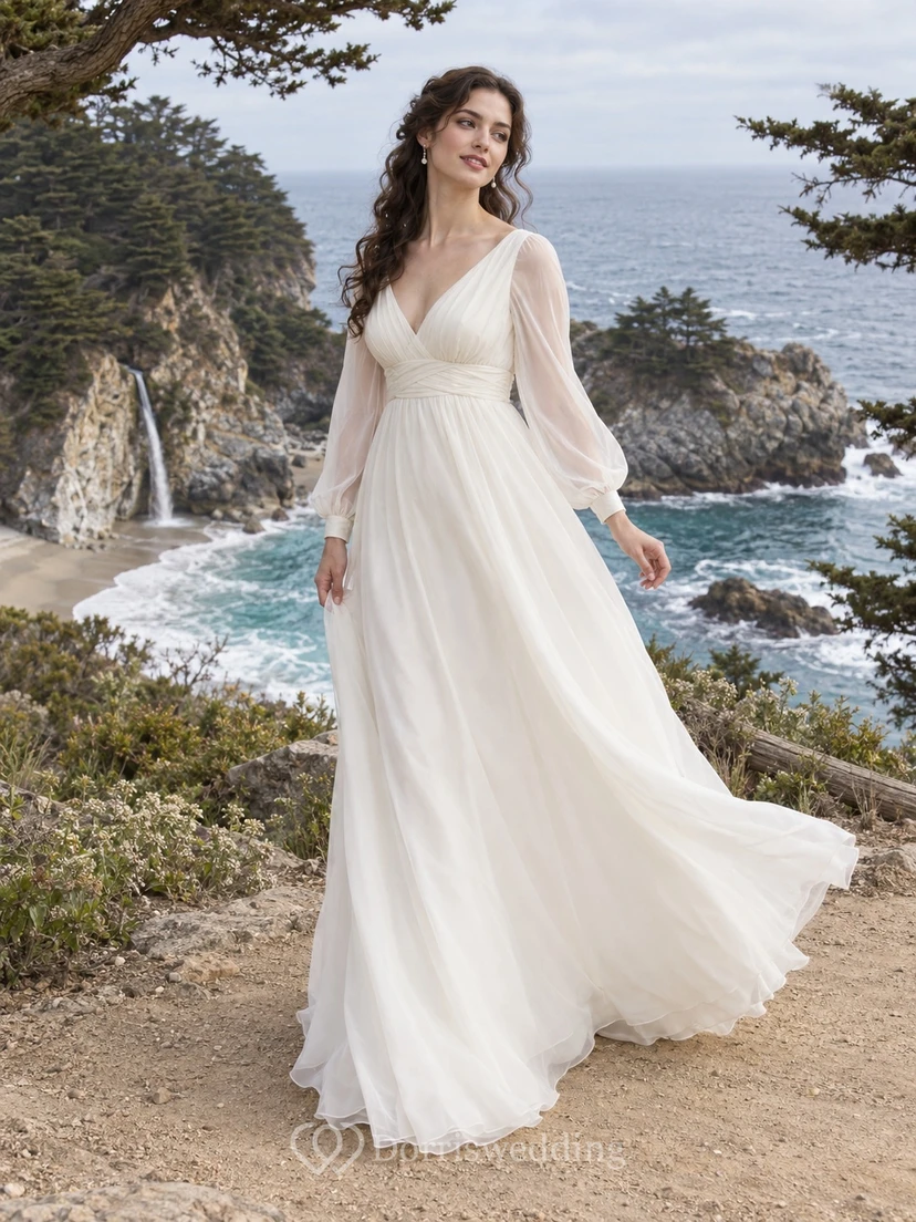 Simple Long Sleeve Empire V-Neck Ruched Organza Floor Length Wedding Dress