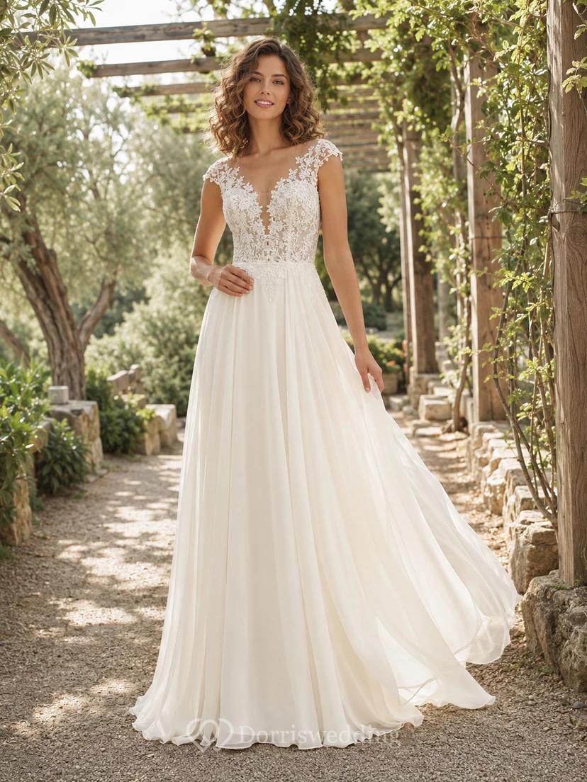 Boho-Brautkleid mit kurzen Ärmeln, Spitze an der Taille und Chiffon